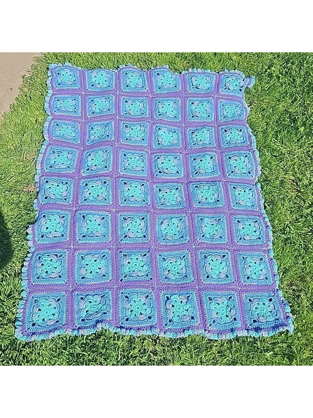 Hand Crafted Purple Blue Aqua Crochet Blanket Granny Square Throw